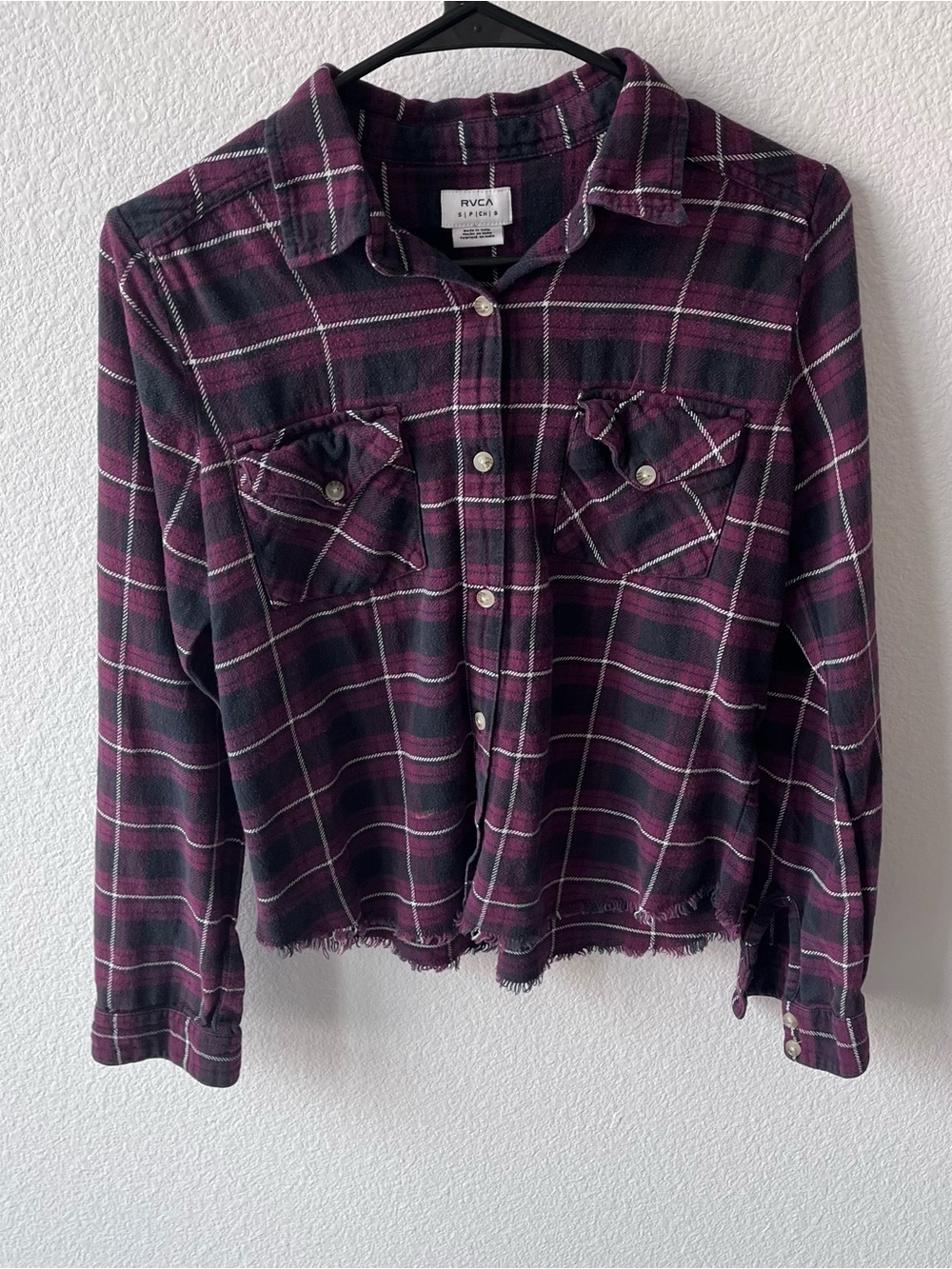 RVCA Plaid Button Down Flannel Shirt- Size Small S, Maroon/Dark Red/Black